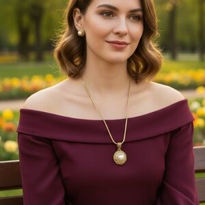 B045  Pearl Pendant Necklace  Earring Set Gold Vintage Inspired (BUNDLE & SAVE)